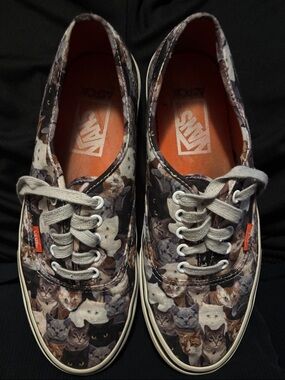 Vans ASPCA Low-Top Sneakers with Orange Lining and Multi-Colored Cat Print.